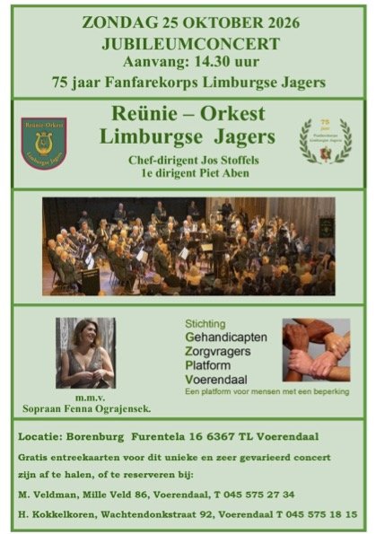 Jubileumconcert 75 jaar Fanfarekorps Limburgse Jagers op 25 oktober 2026 bij de Borenburg in Voerendaal