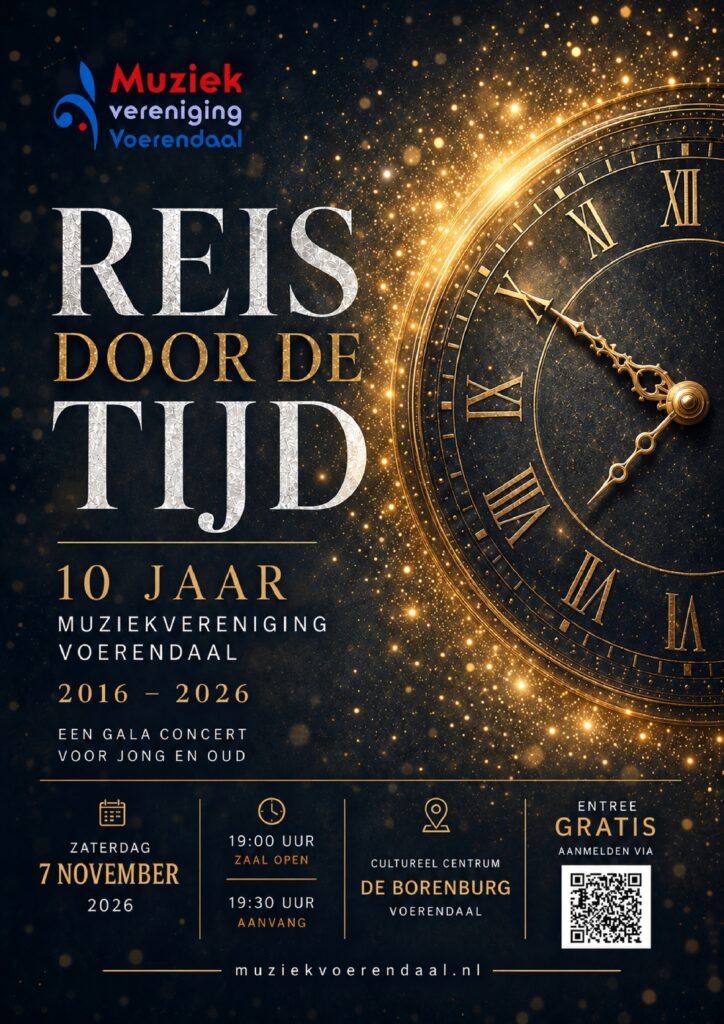 Poster van Jubileumconcert Reis door de tijd van Muziekvereniging Voerendaal op 7 november 2026 in De Borenburg.