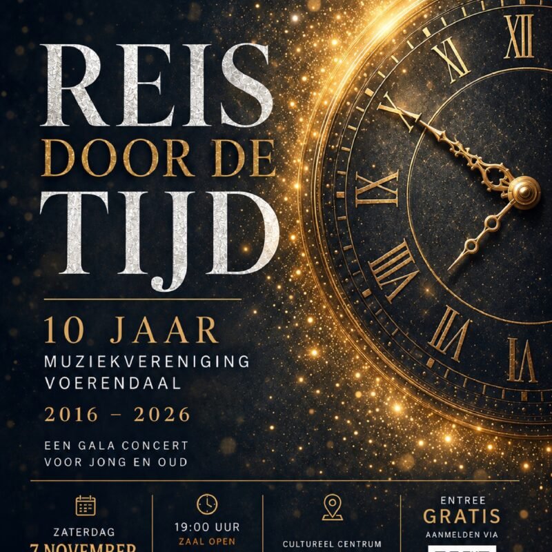 Poster van Jubileumconcert Reis door de tijd van Muziekvereniging Voerendaal op 7 november 2026 in De Borenburg.